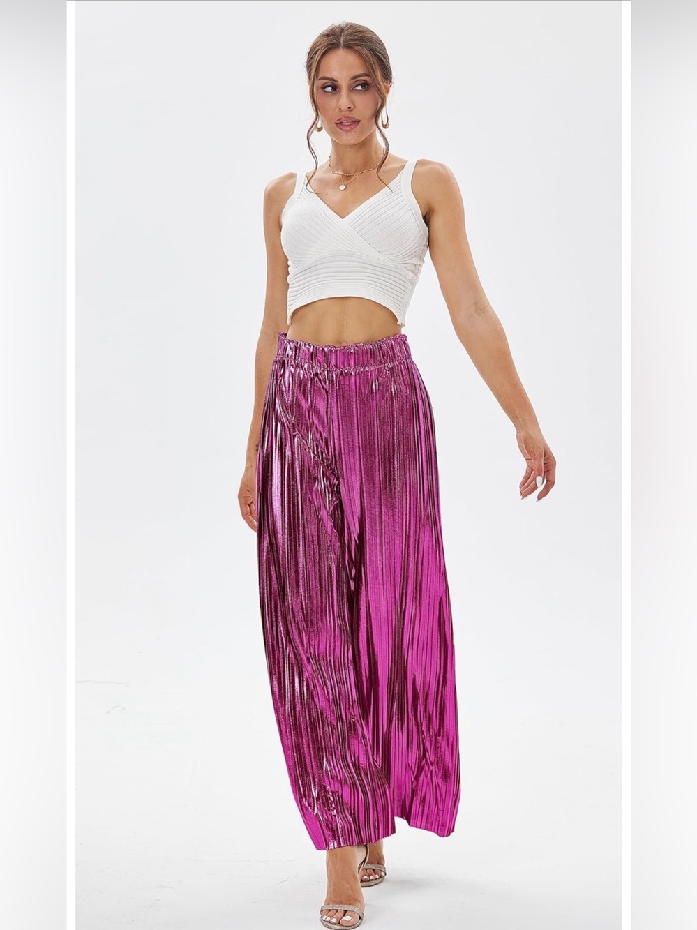 Disco 🪩💗Pink Metallic Pleated Wide Leg Pants 👖 -Sz L